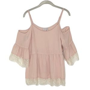 1.State Cloud Pink Chiffon Cold-Shoulder Lace-Trim Top Blouse Size S New D5